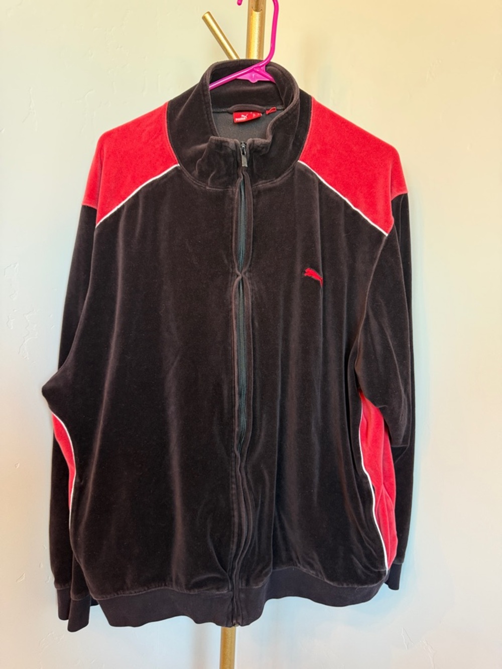 Puma Track Jacket XL Black Red Full Zip Velour Athletic Sportswear Mens